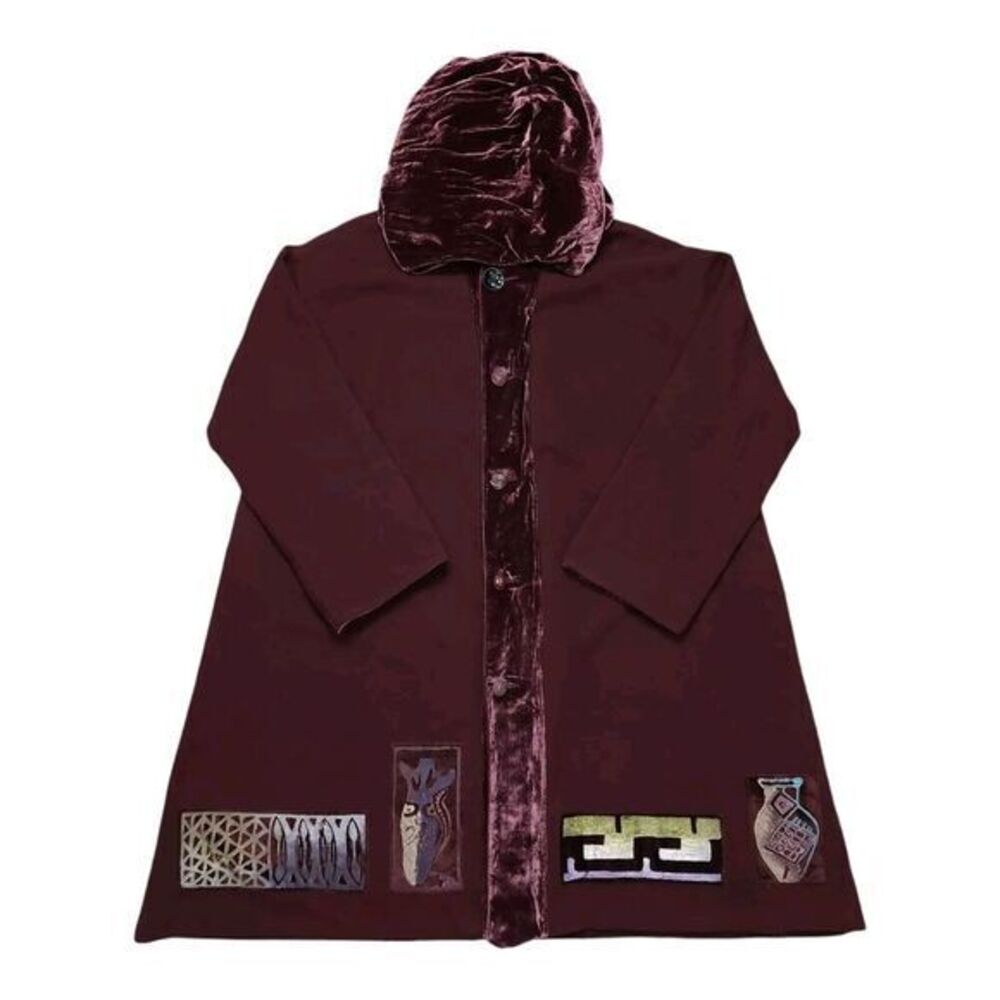Blue Fish Wool Heavy Coat Velvet‎ Trim Hand Painted Womens Oversized